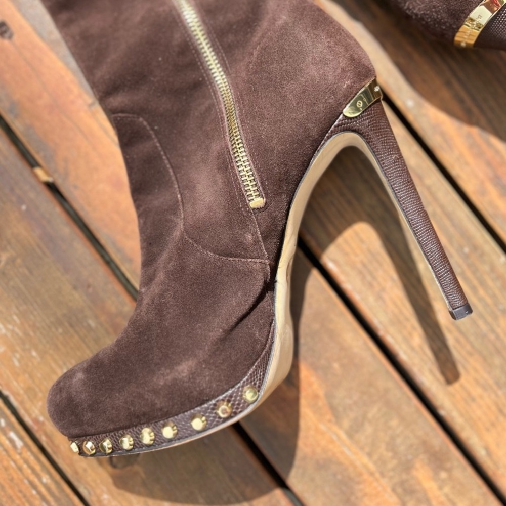 Micheal Kors Brown Suede Gold Studded Boots - Picture 6 of 15